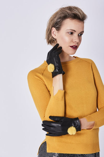 Leather Gloves with Faux Fur Pom