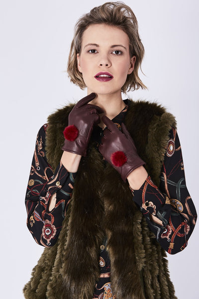 Leather Gloves with Faux Fur Pom